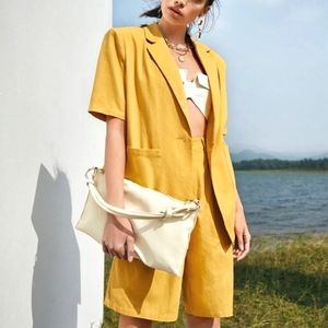 Single Button Pocket Shirt & Shorts Set Outfit Suit Ladies Medium Yellow